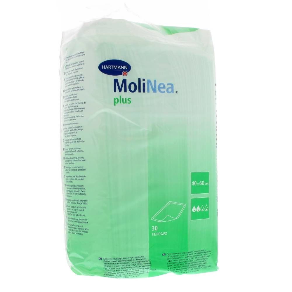 Verpakking MoliNea plus, 40 x 60 cm. 30 stuks. Merk Hartmann. Groen-witte verpakking met productinformatie en pictogrammen.