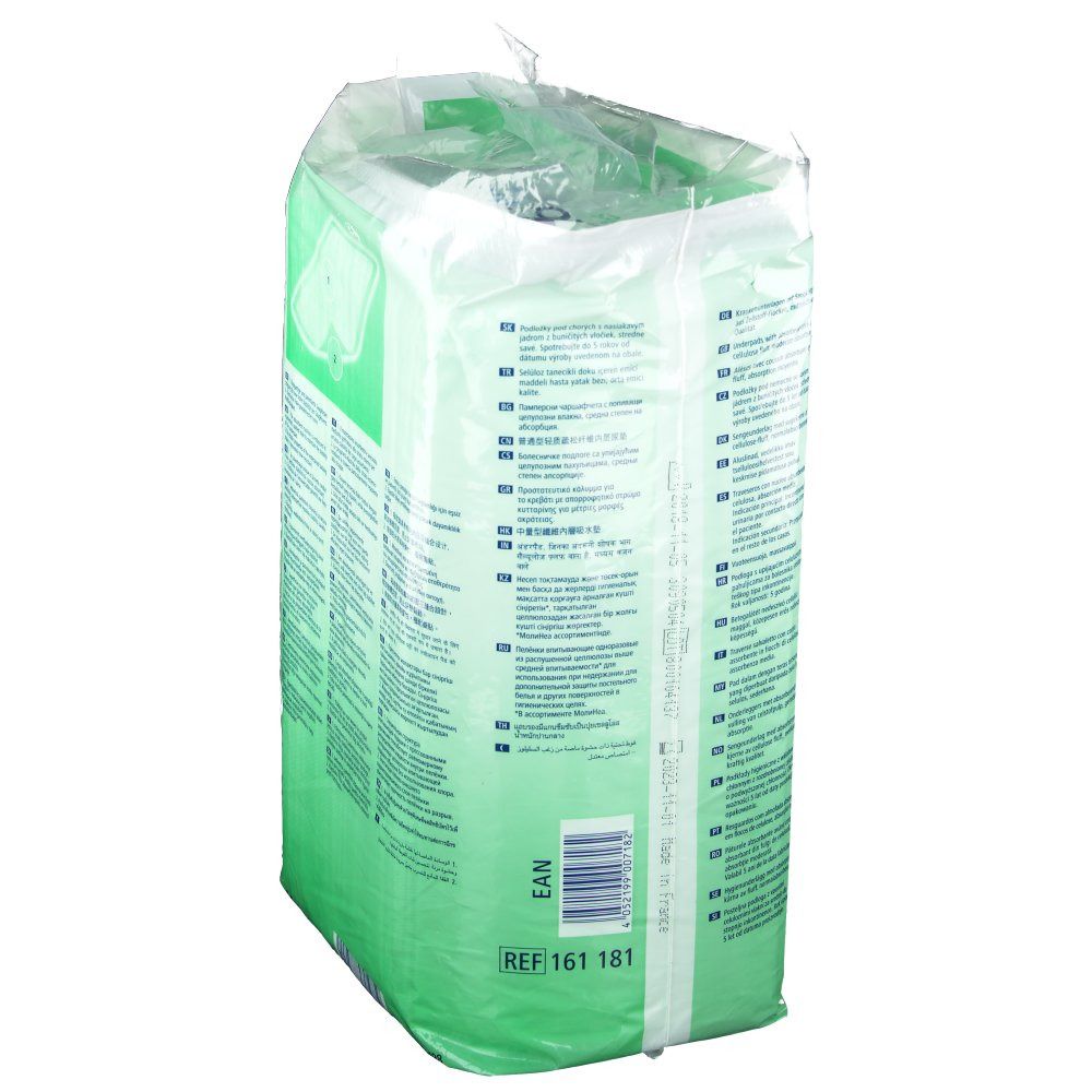 Zijaanzicht van de verpakking MoliNea plus. Productinformatie, EAN-code en referentienummer. Merk Hartmann.
