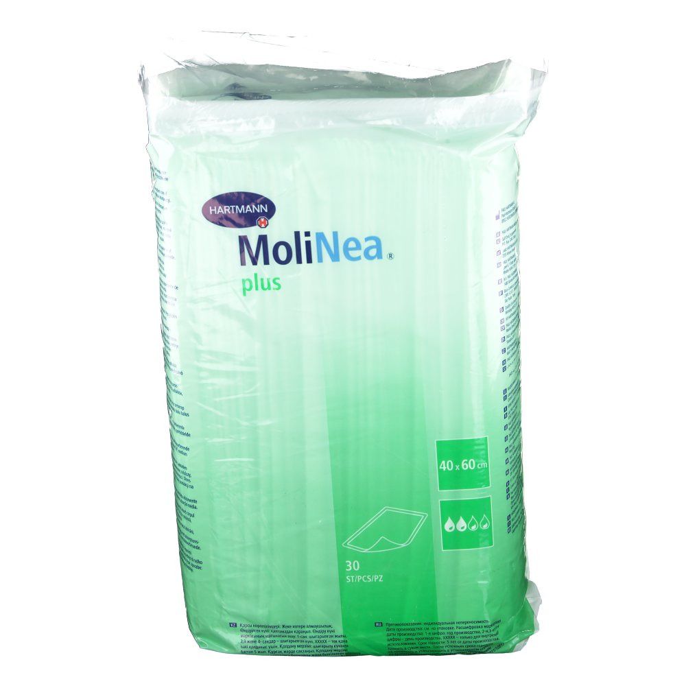 Verpakking MoliNea plus, 40 x 60 cm. 30 stuks. Merk Hartmann. Groen-witte verpakking met productinformatie en pictogrammen.