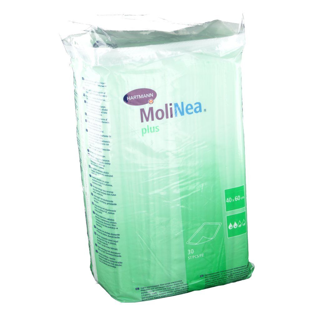 Verpakking MoliNea plus, 40 x 60 cm. 30 stuks. Merk Hartmann. Groen-witte verpakking met productinformatie en pictogrammen.