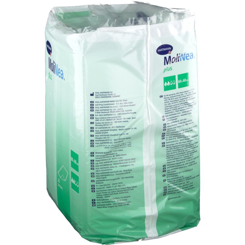 Emballage MoliNea plus, 60x60 cm. Vert et blanc. Informations produit et logo Hartmann.