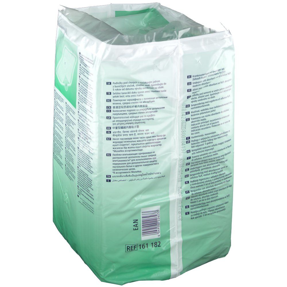 Emballage MoliNea plus. Dos avec informations produit et code-barres.