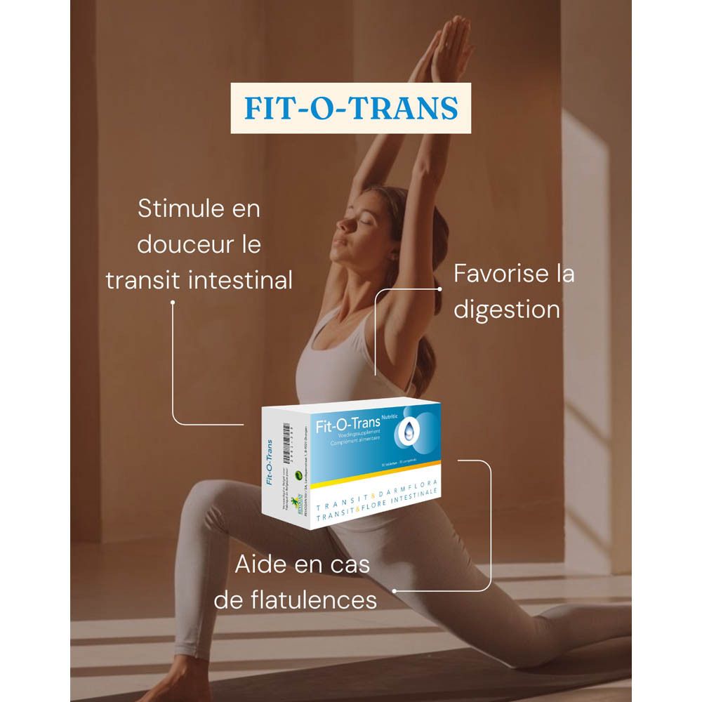 Femme en yoga. Boîte Fit-O-Trans. Texte : Favorise la digestion, Aide en cas de flatulences.