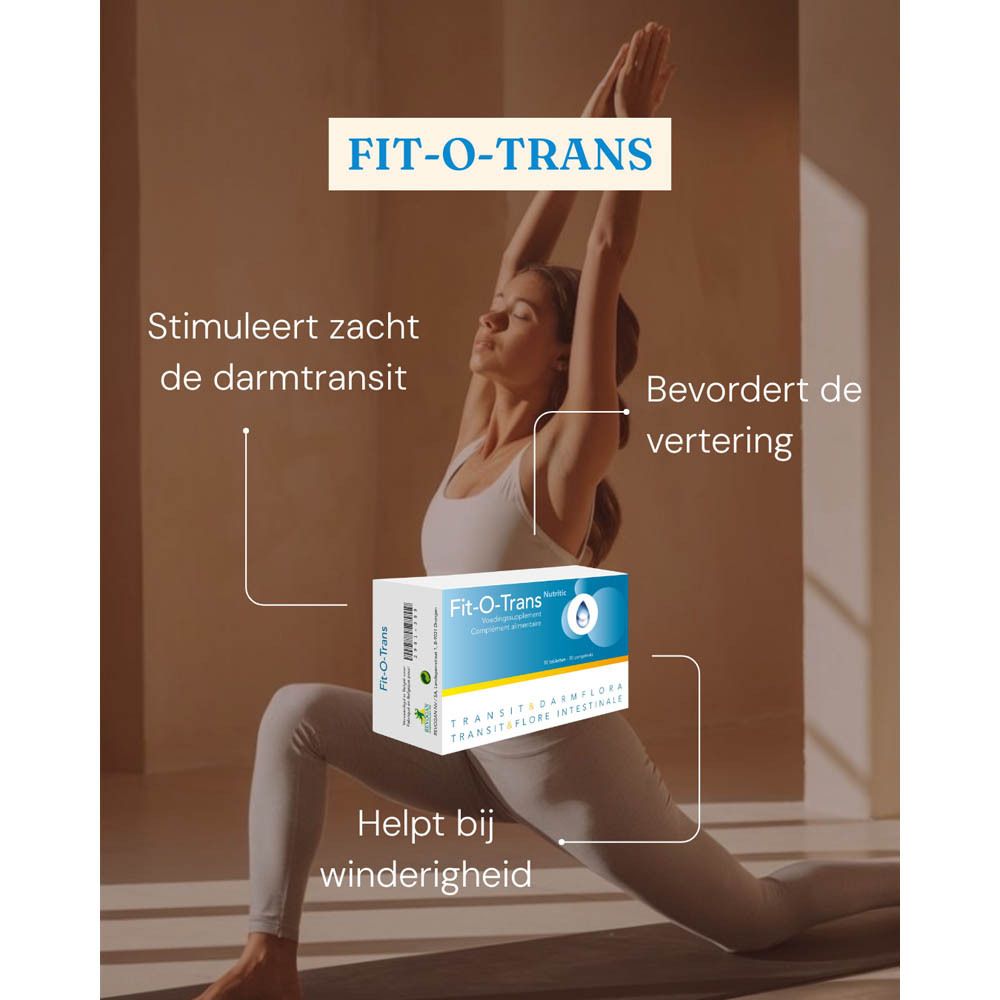 Vrouw in yoga pose. Fit-O-Trans doosje. Tekst: Stimuleert zacht de darmtransit, Bevordert de vertering.