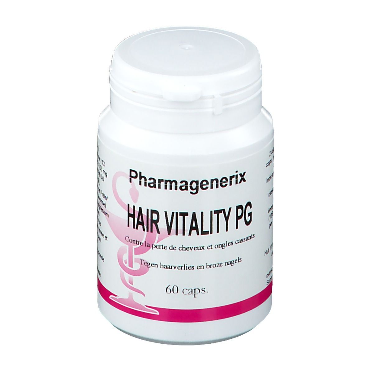 Flacon blanc à bouchon vissé. Inscription: Pharmagenerix Hair Vitality PG, 60 capsules. Logo rose.