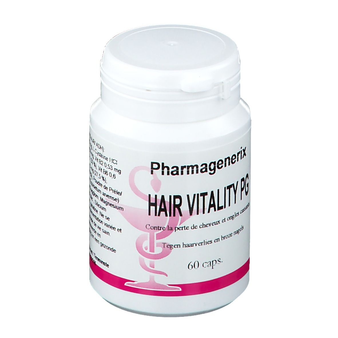 Flacon blanc à bouchon vissé. Inscription: Pharmagenerix Hair Vitality PG, 60 capsules. Logo rose.