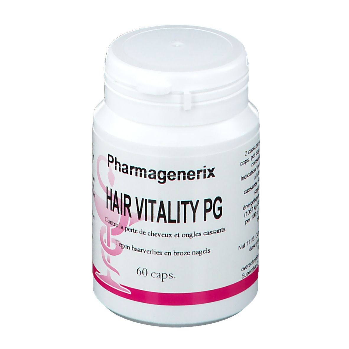 Flacon blanc à bouchon vissé. Inscription: Pharmagenerix Hair Vitality PG, 60 capsules. Logo rose.