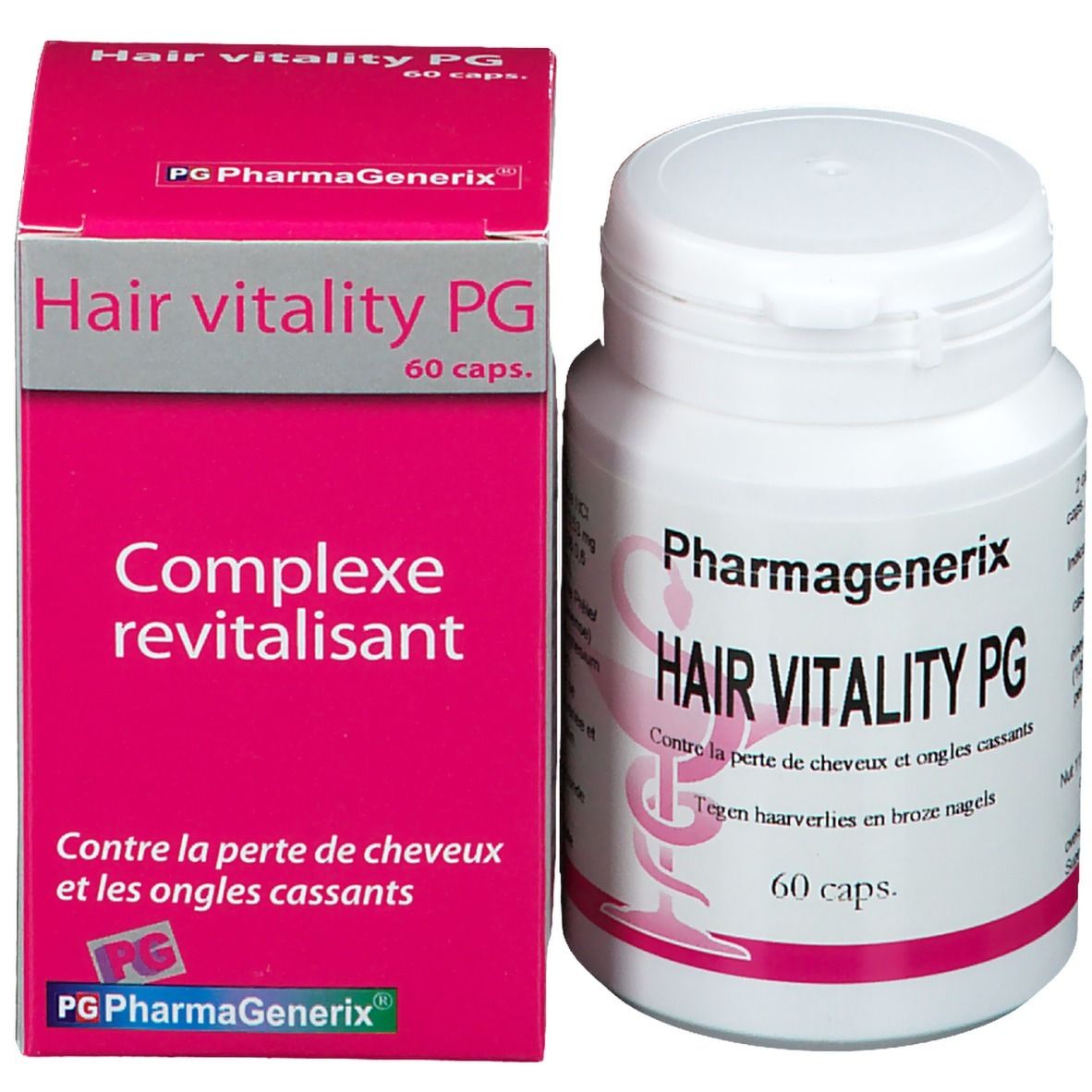 Flacon blanc et boîte rose. Inscription: Hair Vitality PG, 60 capsules. Logo rose. Complexe revitalisant.