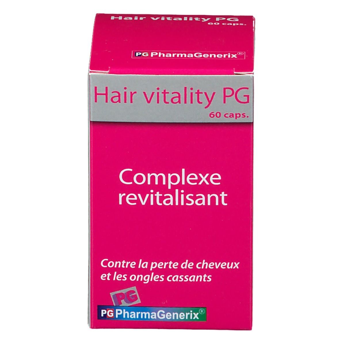 Boîte rose. Inscription: Hair Vitality PG, 60 capsules. Logo. Complexe revitalisant. Texte.
