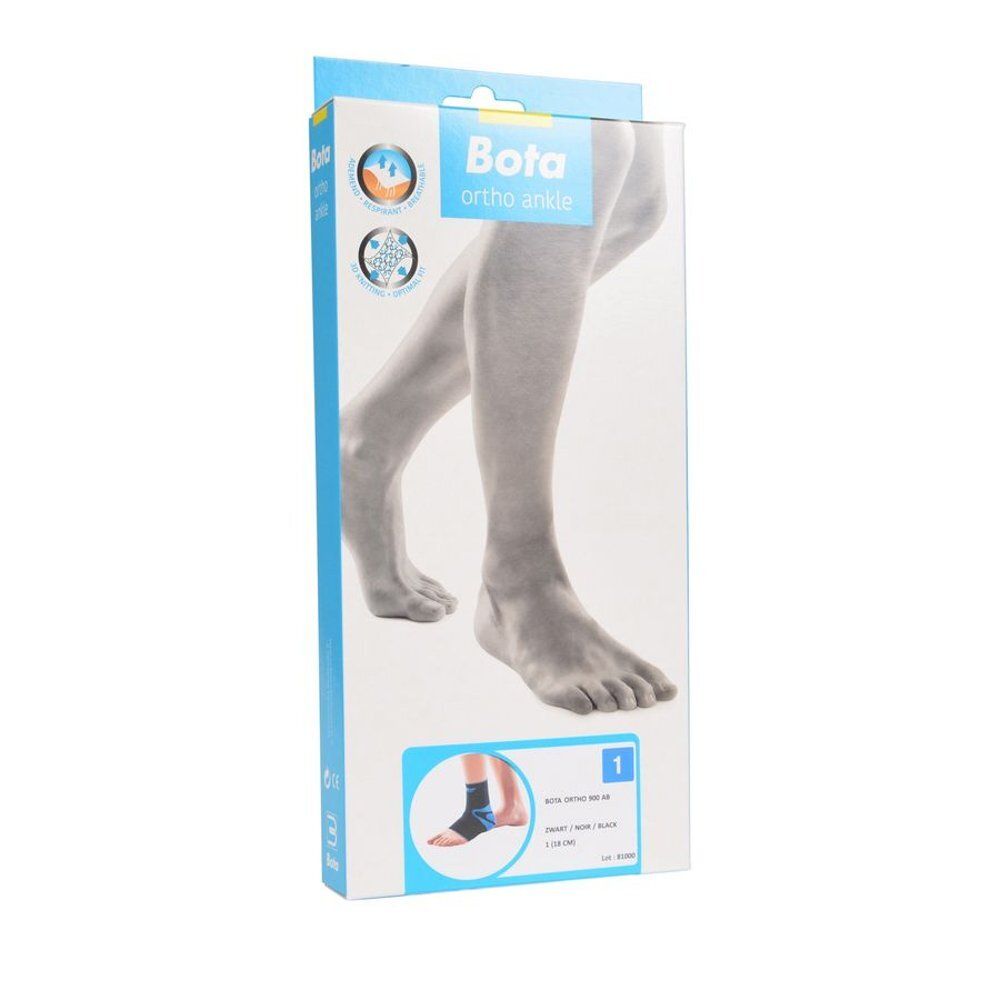 Verpakking van de enkelbrace. Opschrift: Bota ortho ankle. Illustratie van een been met brace.