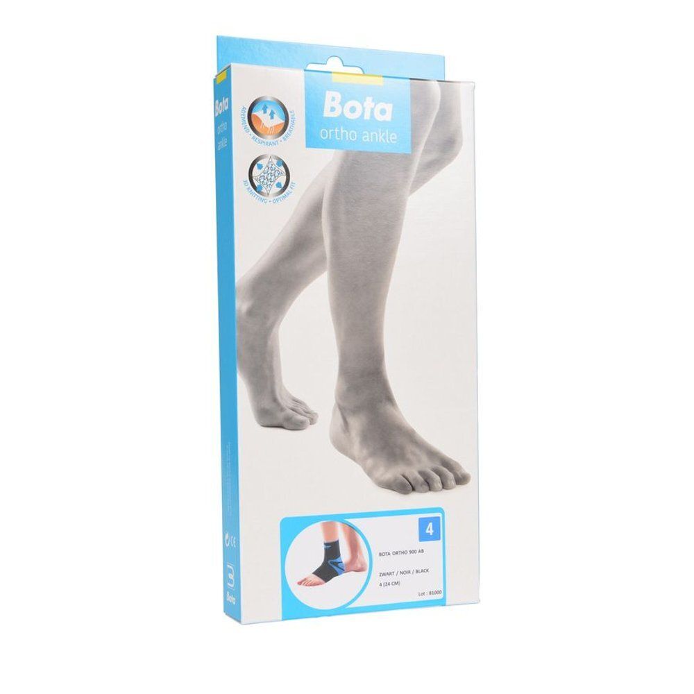 Verpakking voor enkelbrace. Illustratie van been met brace. Productnaam en maat 4 zichtbaar.
