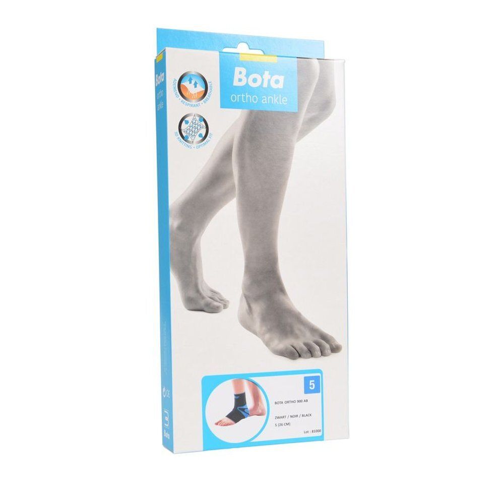 Verpakking voor Bota Ortho AB 900. Toont een afbeelding van een been met enkelbrace. Productnaam en maat 5 zijn zichtbaar.