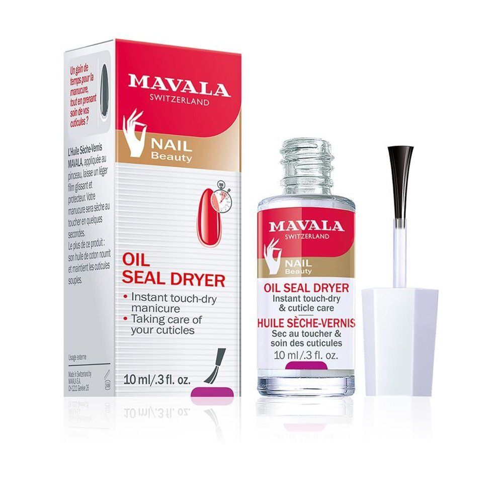 Productfles en verpakking. Fles met borstel en verpakking. Rood etiket met witte tekst: OIL SEAL DRYER, 10 ml/3 fl. oz. Merk: MAVALA.