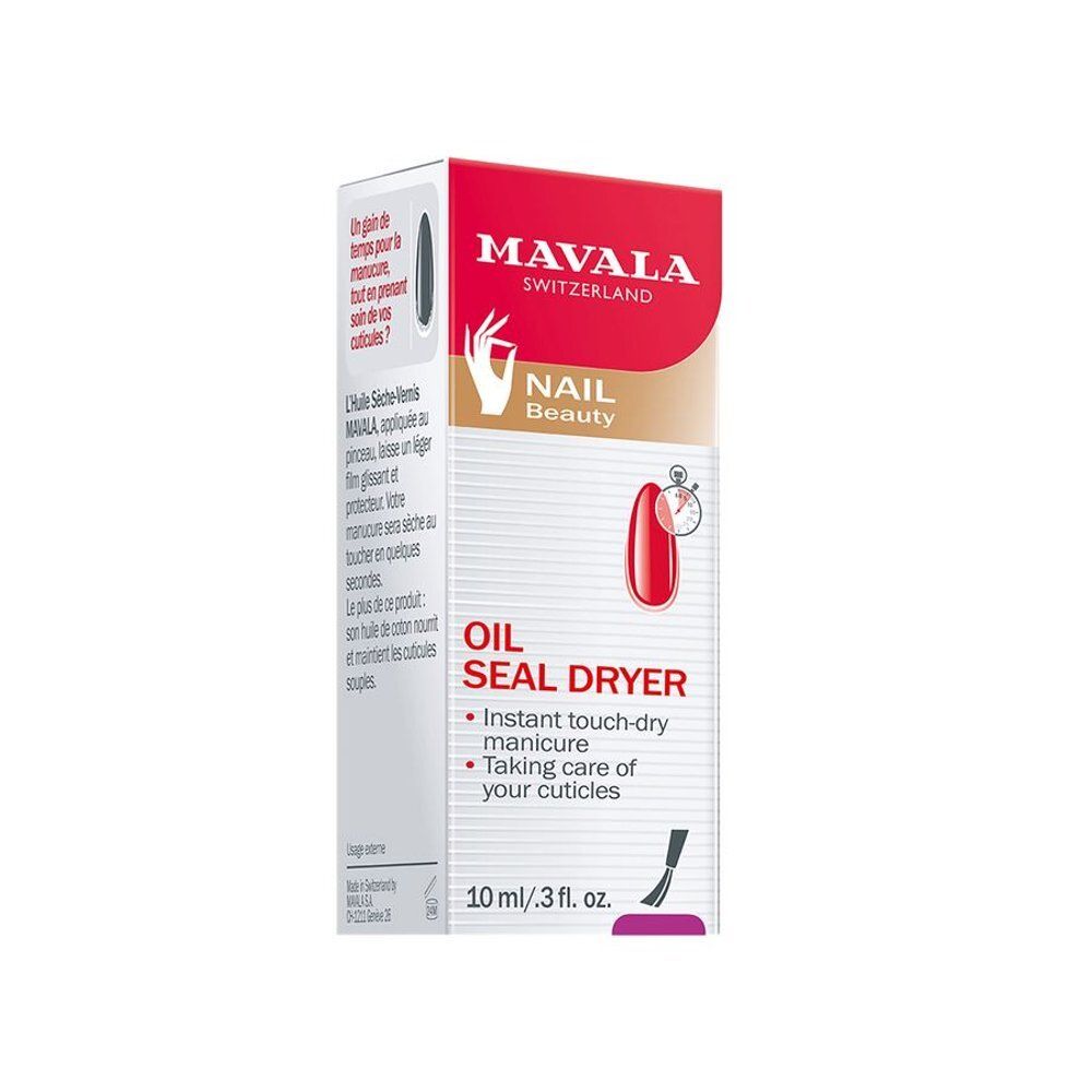 Productverpakking. Rode verpakking met witte tekst: OIL SEAL DRYER, 10 ml/3 fl. oz. Merk: MAVALA. Illustratie van een nagel.