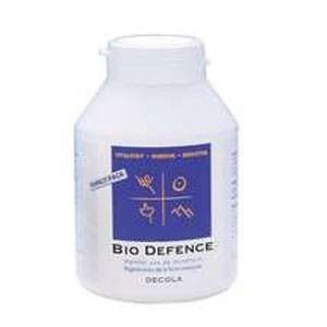 Witte fles met blauw etiket. Opschrift: Bio Defence en Decola. Vier symbolen op het etiket.