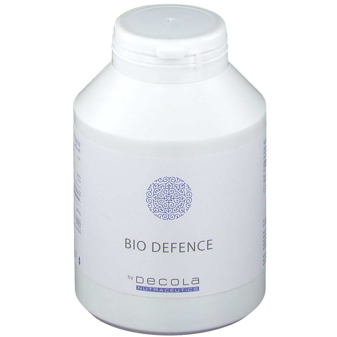Produit cylindrique blanc avec couvercle blanc. L'étiquette indique "BIO DEFENCE" et "by DECOLA NUTRACEUTICS".