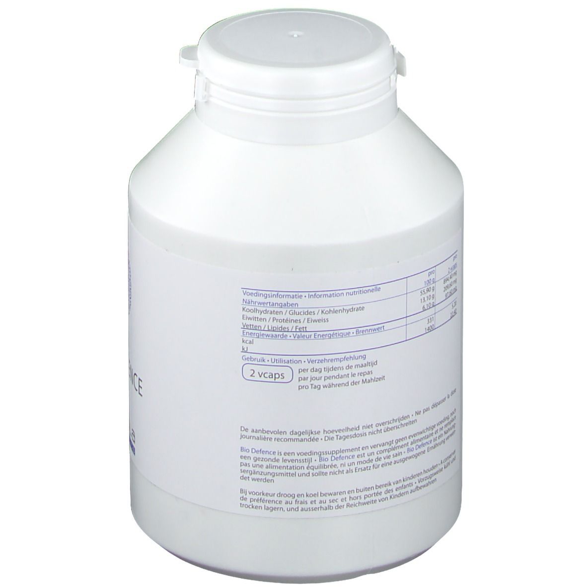 Produit cylindrique blanc avec couvercle blanc. Dos avec informations nutritionnelles et recommandation de consommation: 2 gélules.