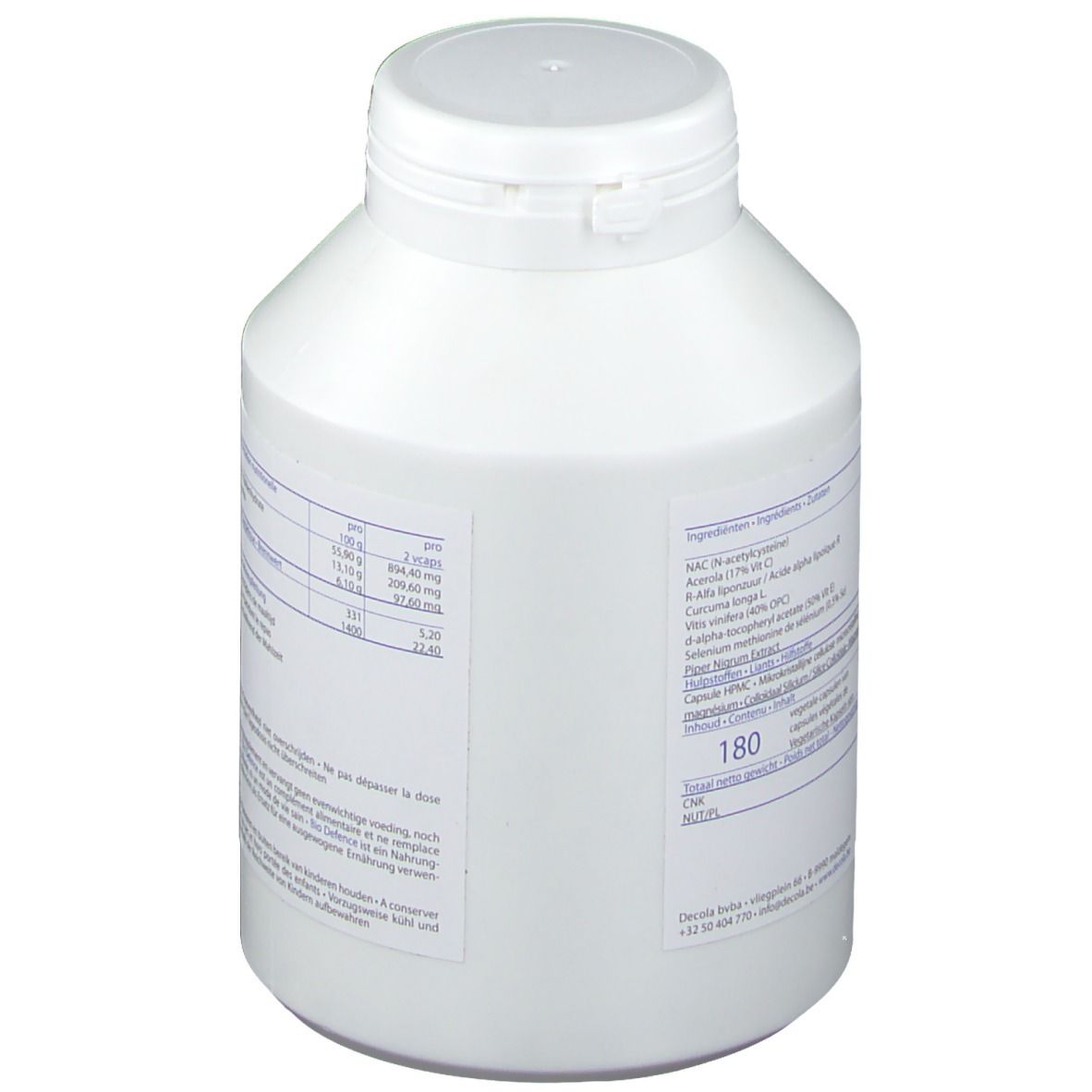 Produit cylindrique blanc avec couvercle blanc. Dos avec liste d'ingrédients et informations nutritionnelles. 180 gélules.