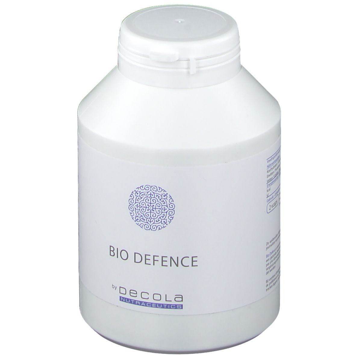 Produit cylindrique blanc avec couvercle blanc. L'étiquette indique "BIO DEFENCE" et "by DECOLA NUTRACEUTICS".