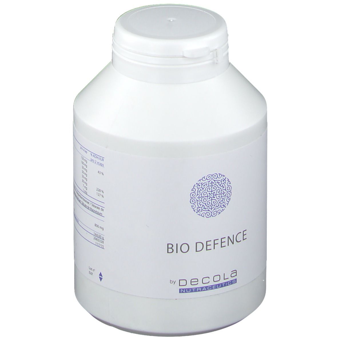 Produit cylindrique blanc avec couvercle blanc. L'étiquette indique "BIO DEFENCE" et "by DECOLA NUTRACEUTICS".