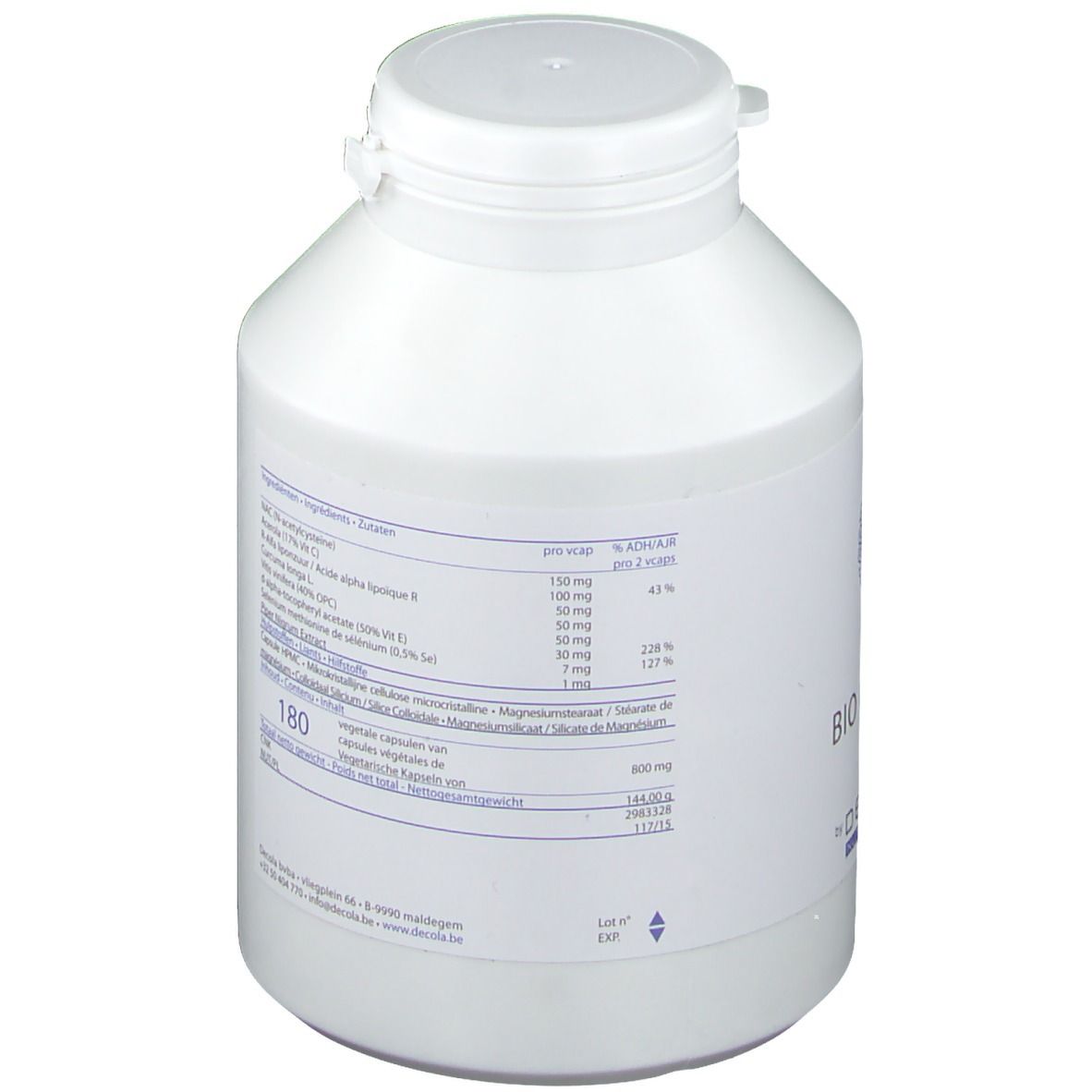 Produit cylindrique blanc avec couvercle blanc. L'étiquette indique "BIO DEFENCE" et informations nutritionnelles. 180 gélules.