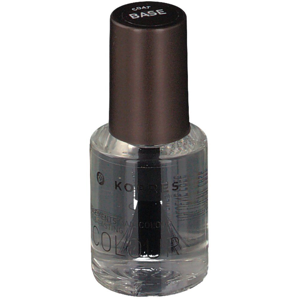 KORRES nagellakfles met bruine dop. Opschrift BASE. Borstel binnenin zichtbaar.