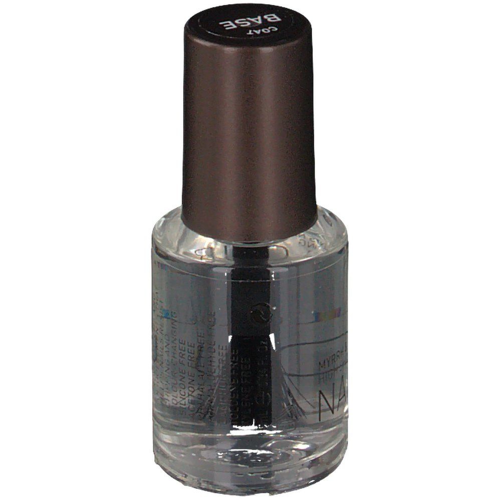 KORRES nagellakfles met bruine dop. Opschrift BASE. Borstel binnenin zichtbaar.