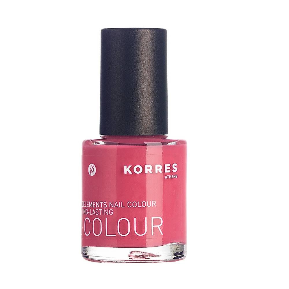 Roze nagellakfles met zwarte dop. Opschrift: KORRES, ELEMENTS NAIL COLOUR, COLOUR.