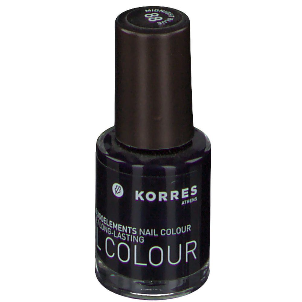 Vernis à ongles bleu foncé Korres. Flacon avec bouchon noir. Inscription : 88 Midnight Blue, ELEMENTS NAIL COLOUR, COLOUR.