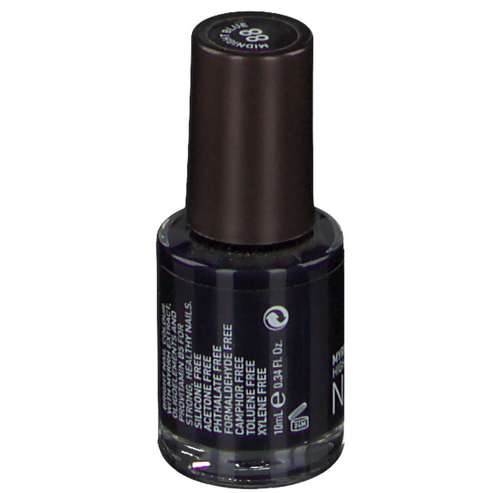 Vernis à ongles bleu foncé Korres. Flacon avec bouchon noir. Inscription : 88 Midnight Blue, NAIL COLOUR, 10ml.