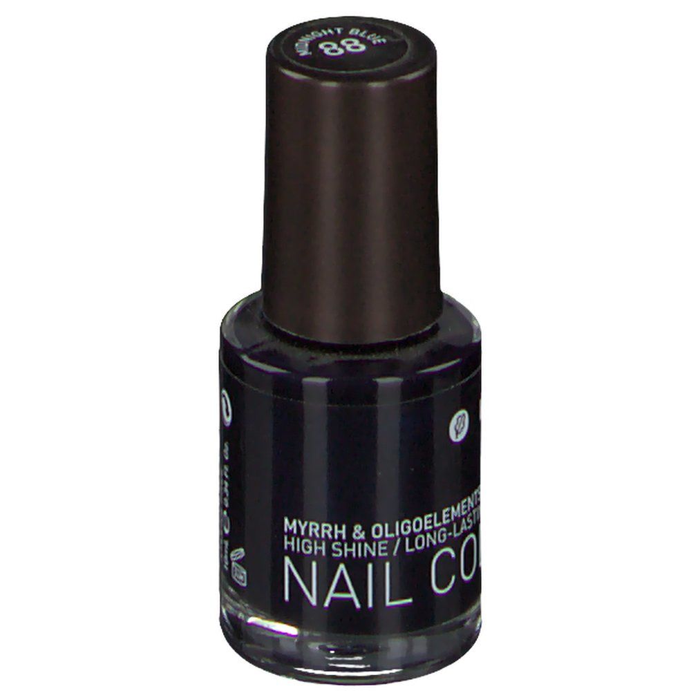 Vernis à ongles bleu foncé Korres. Flacon avec bouchon noir. Inscription : 88 Bright Blue, NAIL COLOUR.