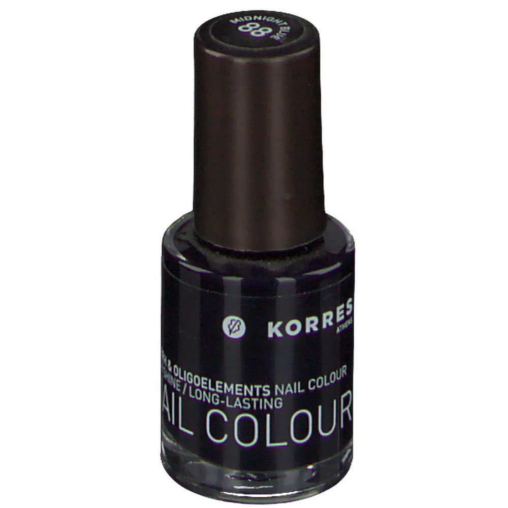 Vernis à ongles bleu foncé Korres. Flacon avec bouchon noir. Inscription : 88 Midnight Blue, NAIL COLOUR.