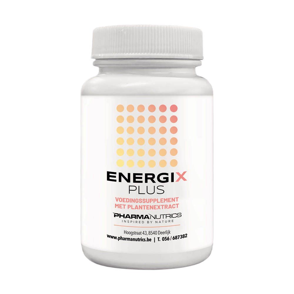 Witte fles met capsules. Opschrift ENERGIX PLUS, PHARMANUTRICS. Geel-oranje stippenpatroon. Tekst in het Nederlands.