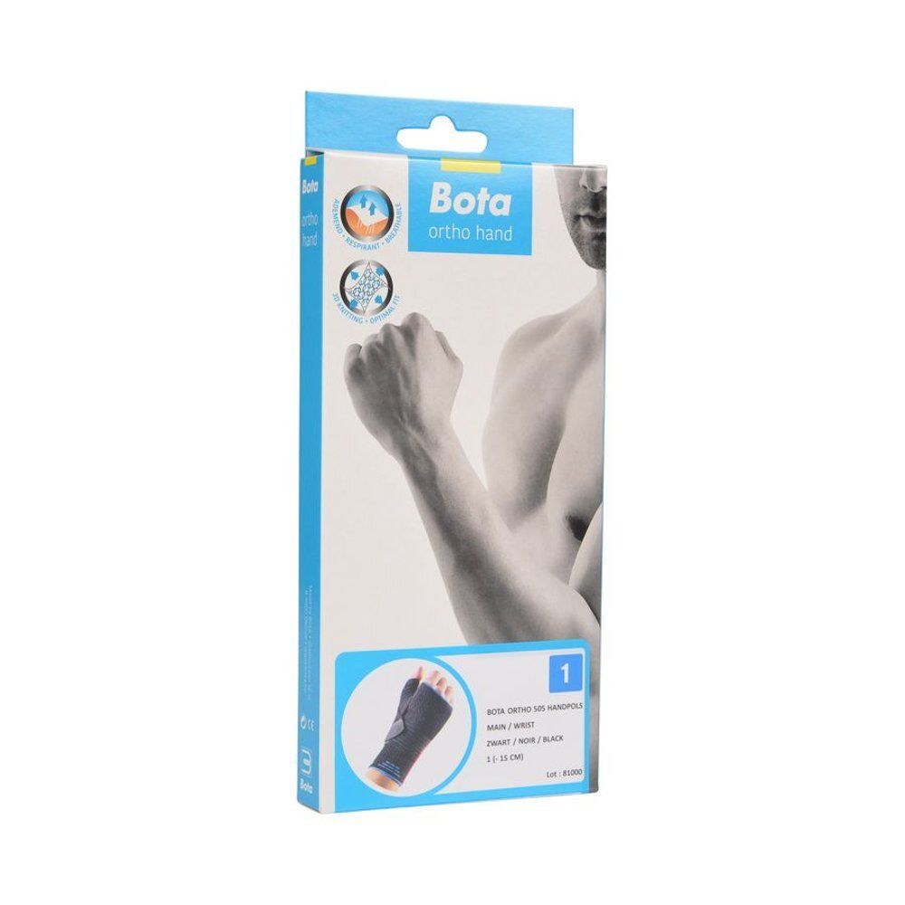 Verpakking van de polsbrace. Blauw-wit ontwerp. Productafbeelding. Tekst: Bota ortho hand.
