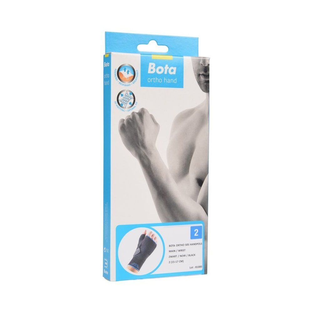 Emballage Bota Ortho Handbandage. Noir, taille 2. Illustration d'un homme. Image du produit en bas à gauche.