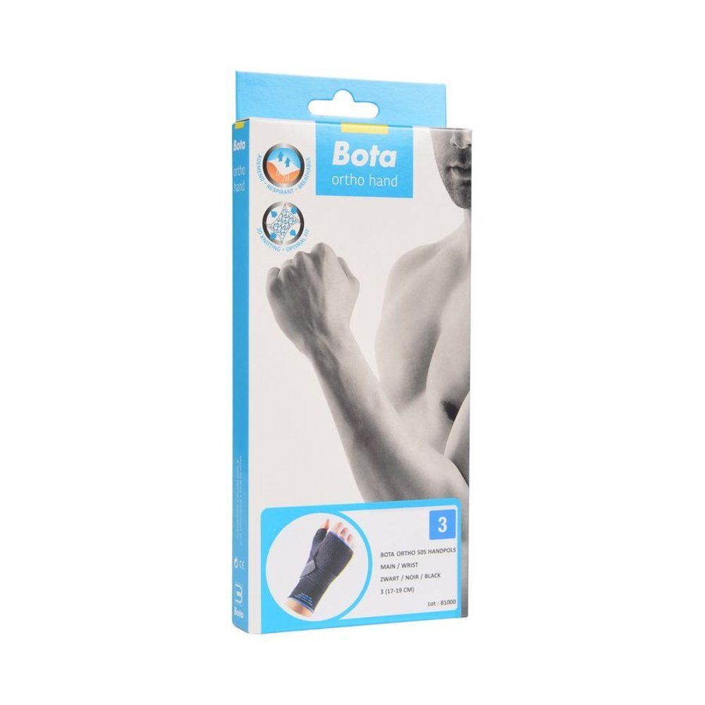 Emballage de la BOTA Ortho Handgelenksbandage. Design bleu et blanc avec image du produit et logo. Taille 3.