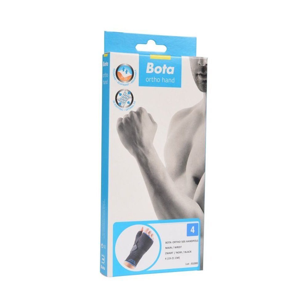 Emballage de Bota Ortho Handpolsband. Illustration d'un homme. Image du produit et informations.