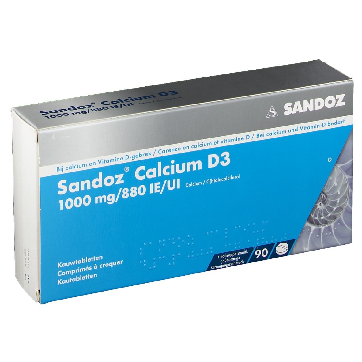 Boîte Sandoz Calcium D3. Texte bleu, 1000 mg/880 UI. 90 comprimés. Logo Sandoz. Inscriptions multilingues.
