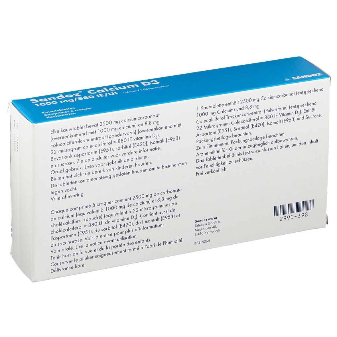 Dos de la boîte Sandoz Calcium D3. Informations multilingues. Texte bleu et blanc. Informations fabricant.