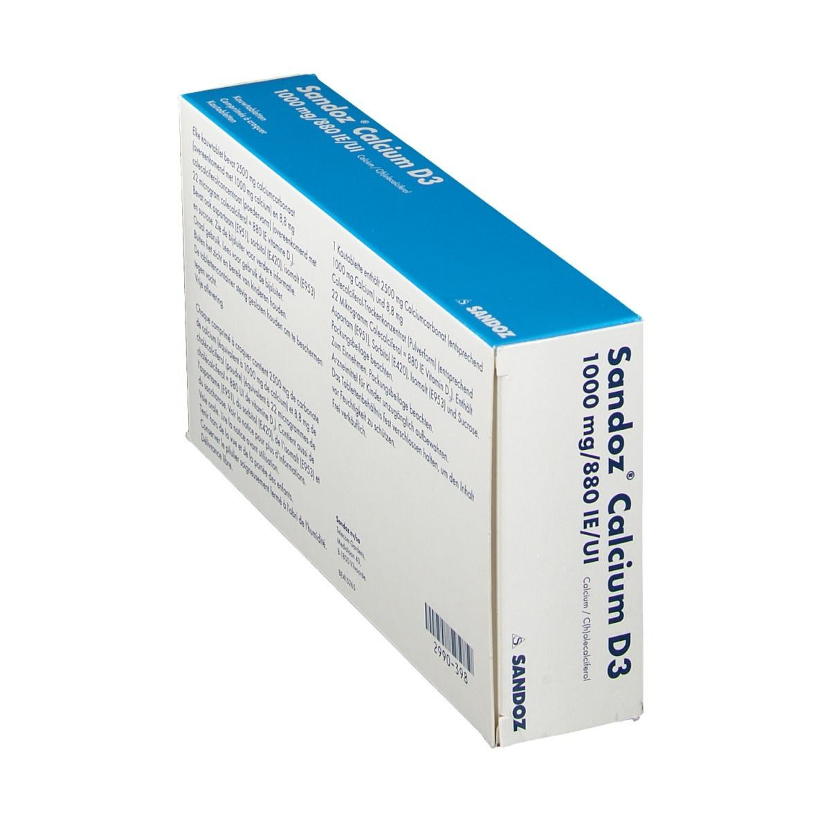 Boîte Sandoz Calcium D3. Texte bleu, 1000 mg/880 UI. Logo Sandoz. Boîte en biais.