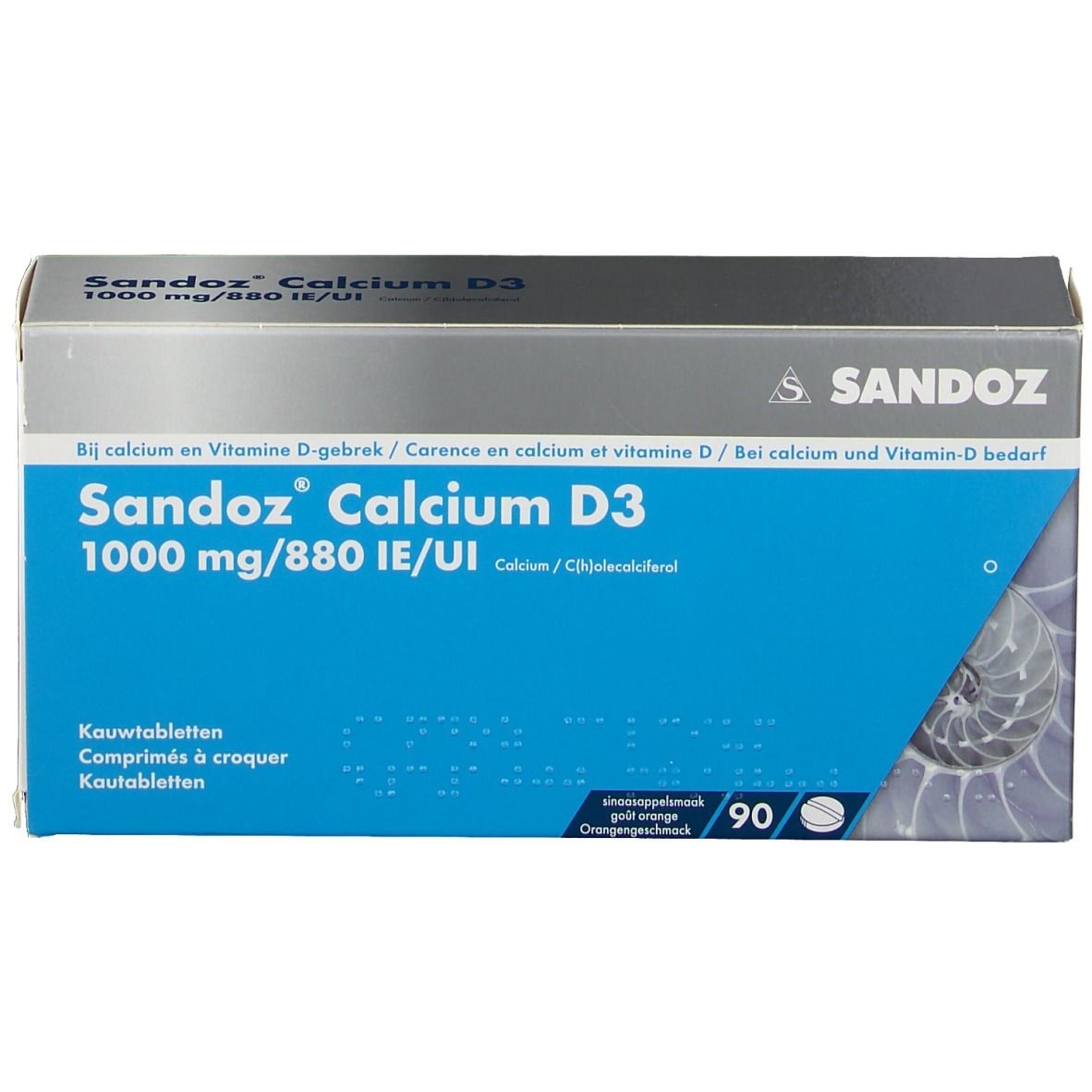 Boîte Sandoz Calcium D3. Texte bleu, 1000 mg/880 UI. 90 comprimés. Logo Sandoz. Inscriptions multilingues.