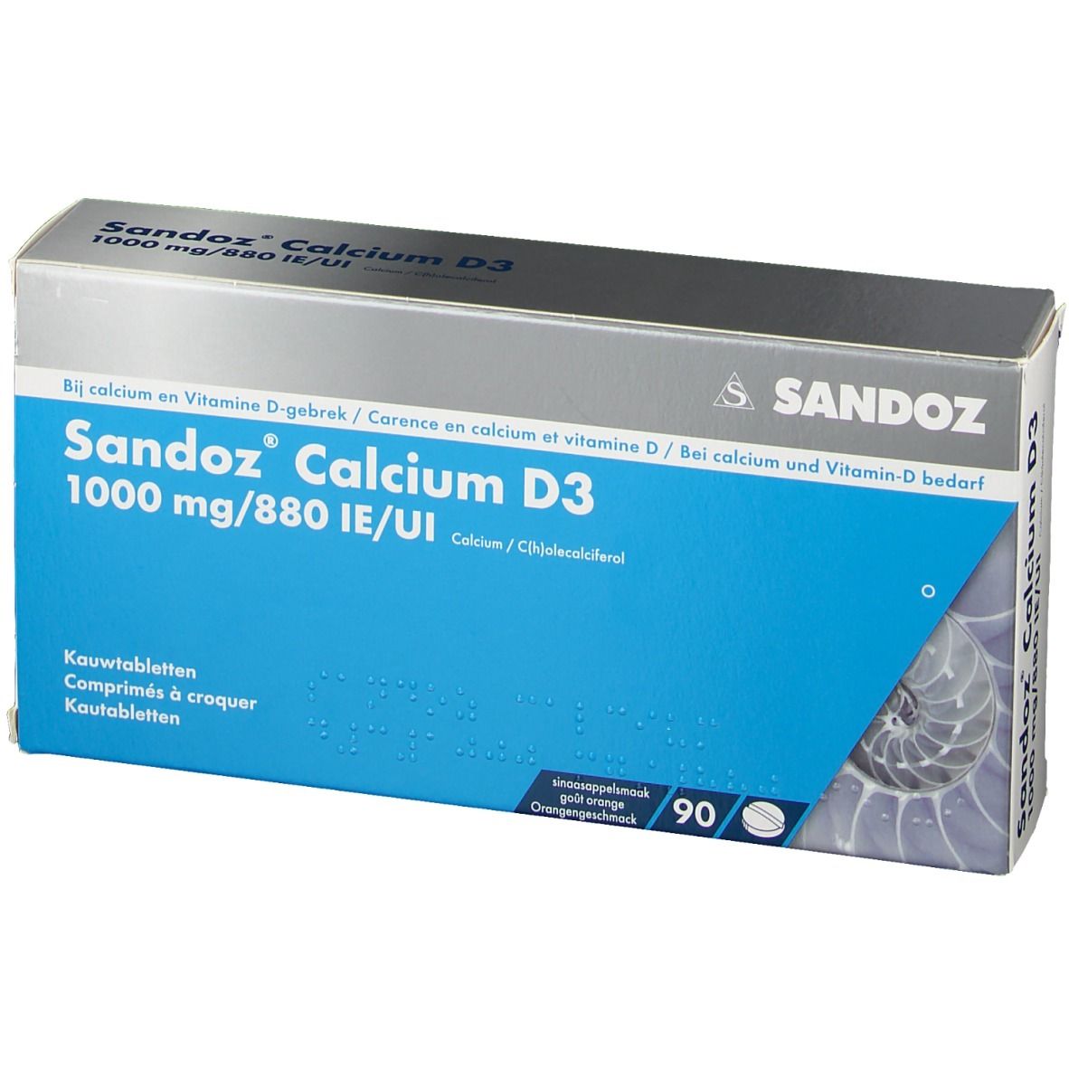 Boîte Sandoz Calcium D3. Texte bleu, 1000 mg/880 UI. 90 comprimés. Logo Sandoz. Inscriptions multilingues.