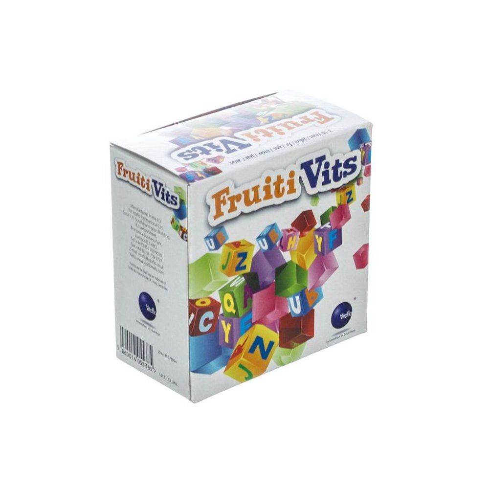 Vitaflo Fruitivits doos met kleurrijke letterblokken.