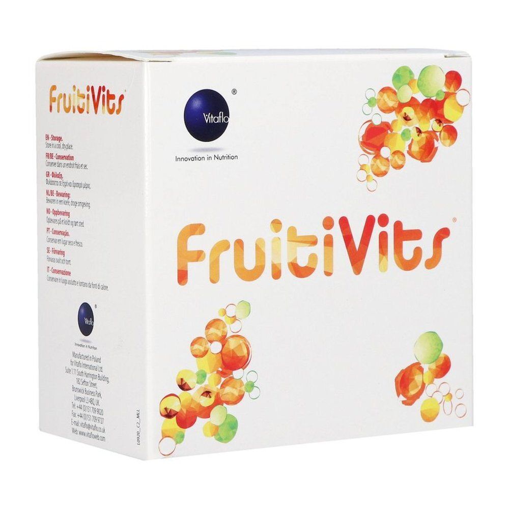 Vitaflo Fruitivits doos met fruit- en bubbelmotief.