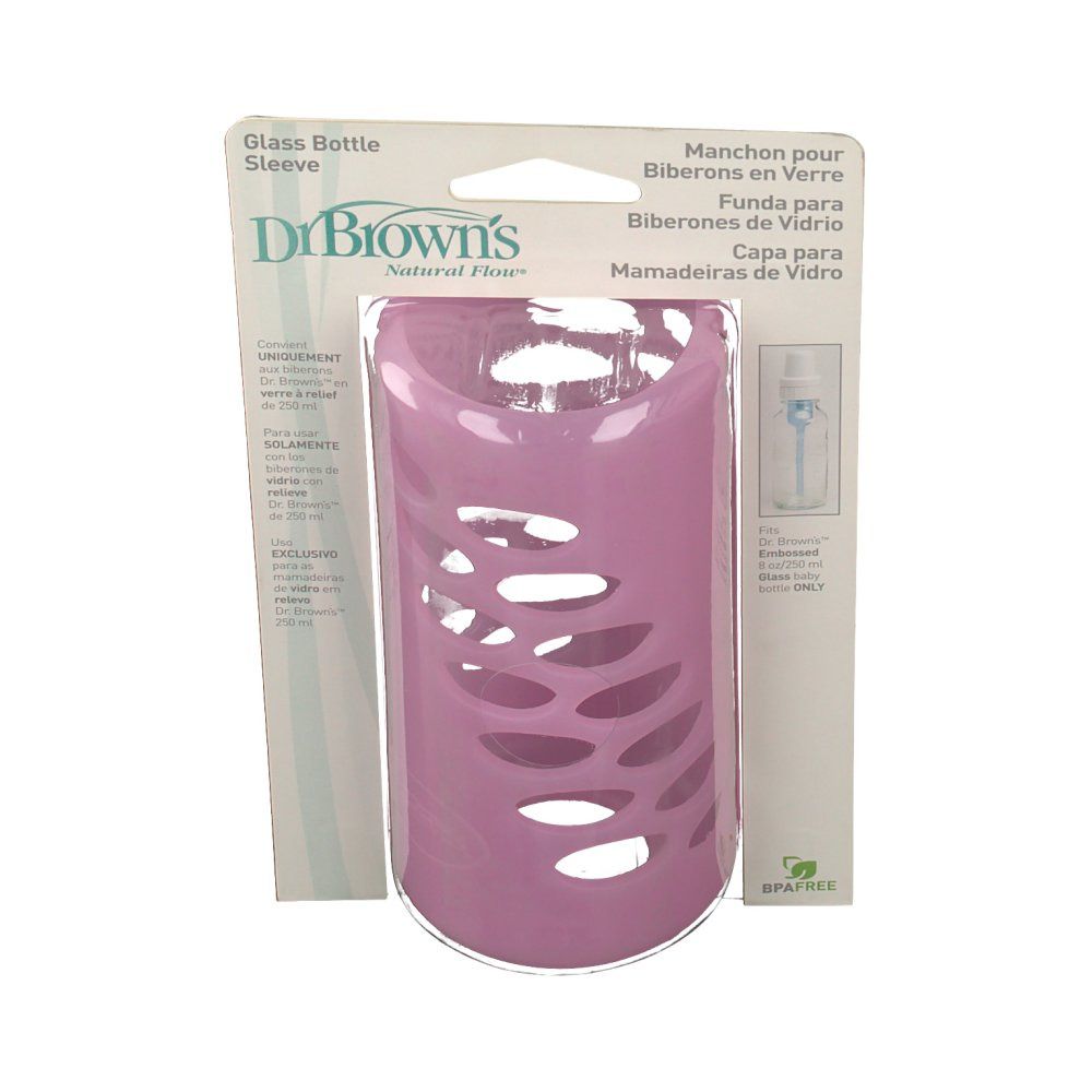 Roze flessenbeschermer met ovale openingen. Op kaart met productnaam en logo. BPA-vrij.