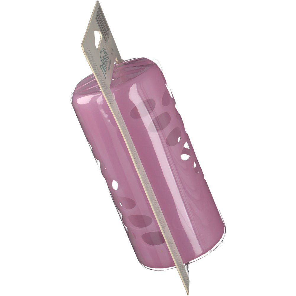 Roze flessenbeschermer met ovale openingen. Bevestigd op kartonnen kaart. Zijaanzicht.