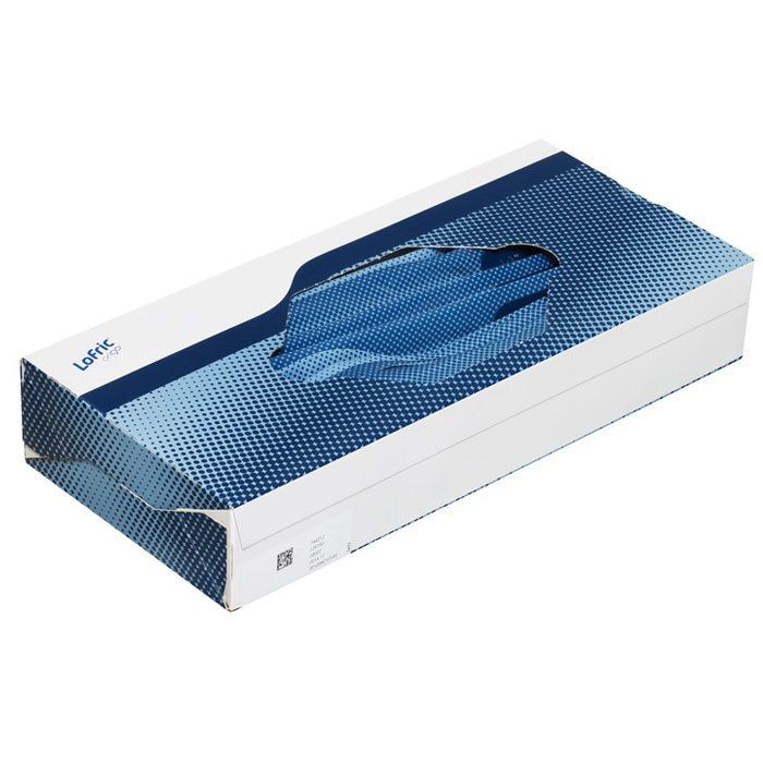 Witte en blauwe kartonnen verpakking met opening. Opschrift: Lofric.