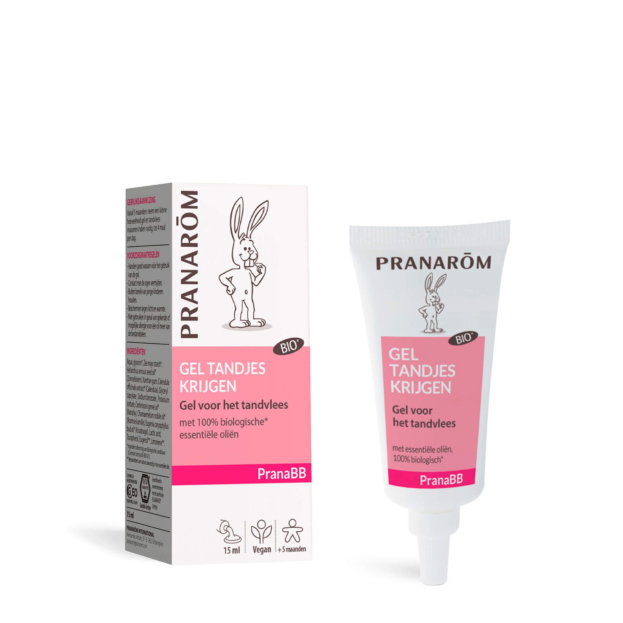 Tube en doosje tandjesgel. Merk Pranarôm, Bio-logo. Roze en wit.