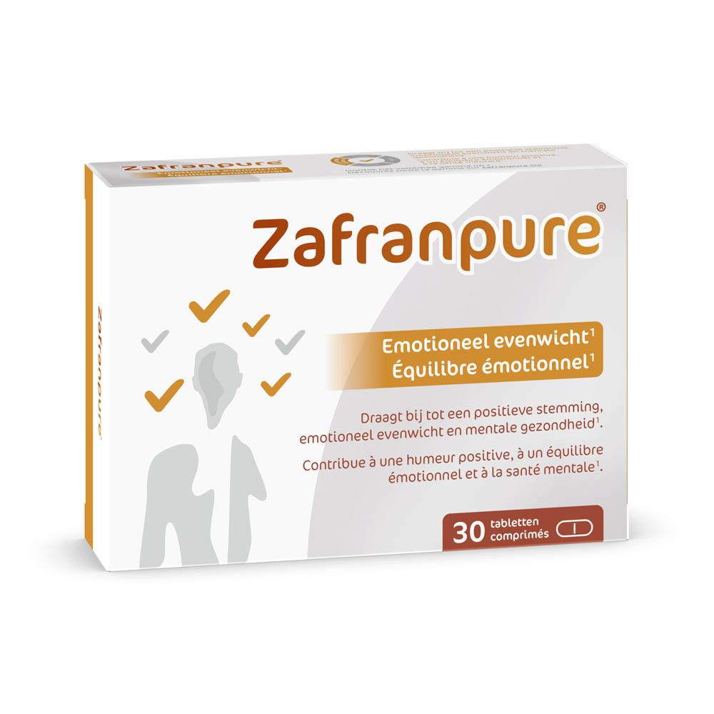 Verpakking van Zafranpure. Witte doos met bruine tekst. Bevat 30 tabletten. Tekst in het Nederlands en Frans.