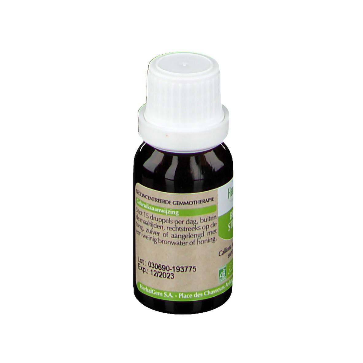 Flacon en verre brun, bouchon blanc. Étiquette avec informations produit et logo HerbalGem. Expiration 12/2023.